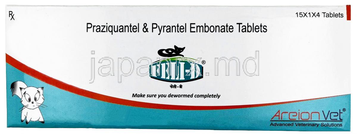 フェリ D 猫用, プラジカンテル 20 mg / ピランテル 230 mg 60 錠, 製造元：Areion Vet,箱表面