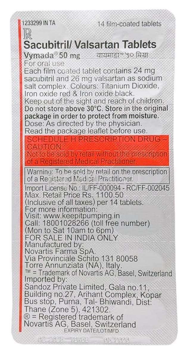 Vymada 50mg, Sacubitril and Valsartan tablet, blister pack back