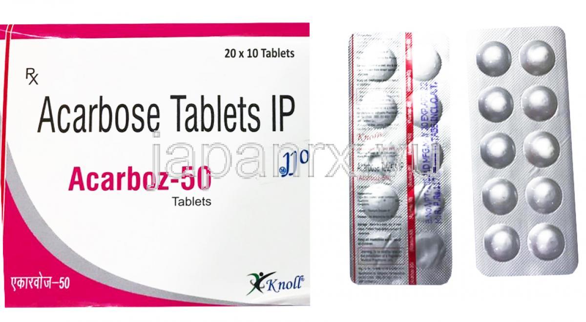 Acarboz, Acarbose 50 mg, Knoll Pharmaceuticals, box and blister pack