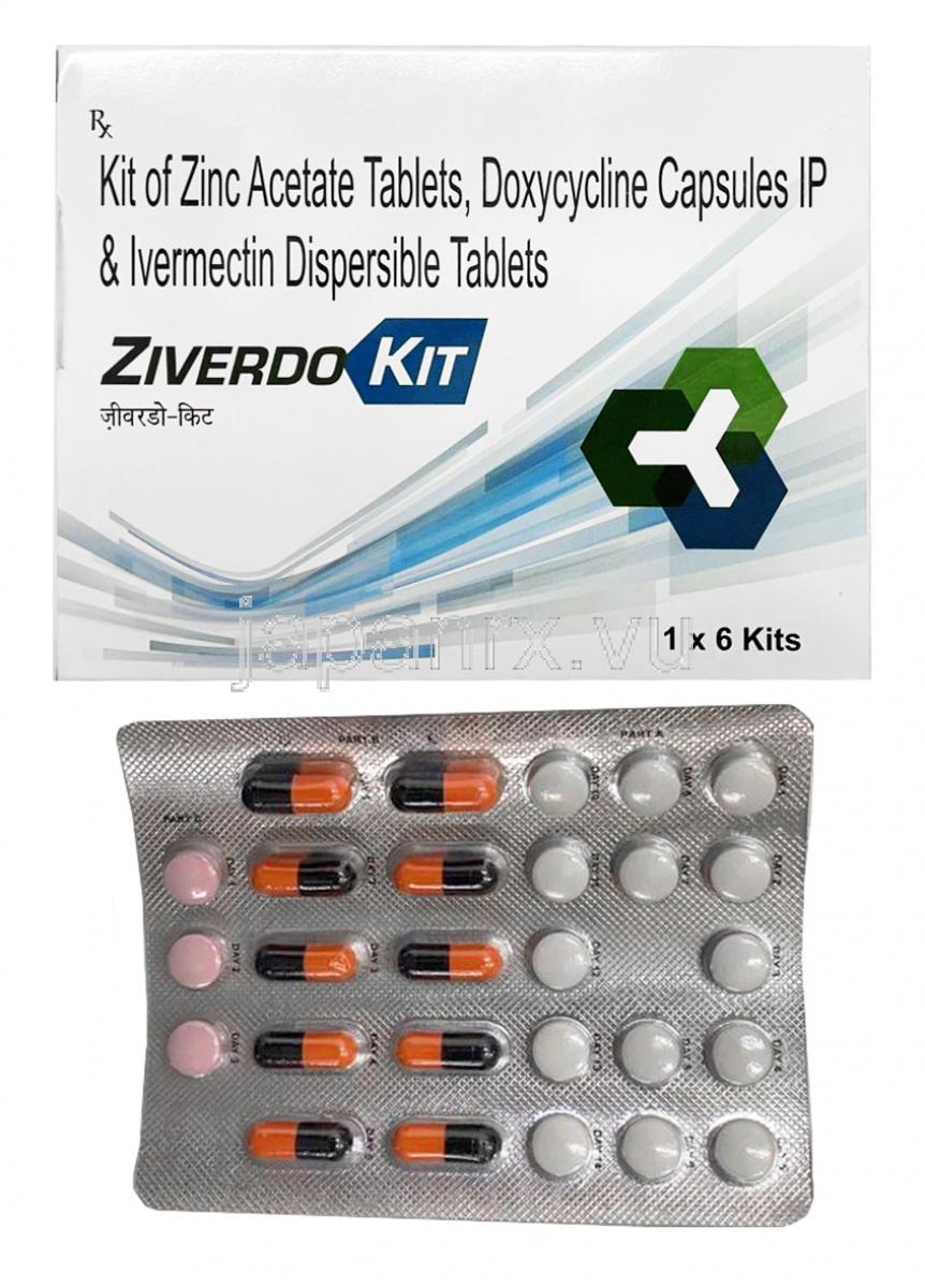 Ziverdo Kit, Zinc Acetate, Doxycycline and Ivermectin box and tablet