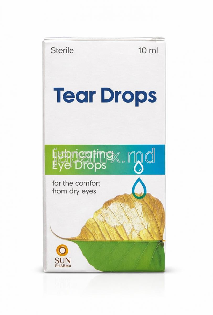 ティアードロップス 点眼薬, カルボキシメチルセルロース 5 mg/mL, 点眼薬 10mL, 製造元：Sun Pharmaceutical Industries, 箱表面(新包装)