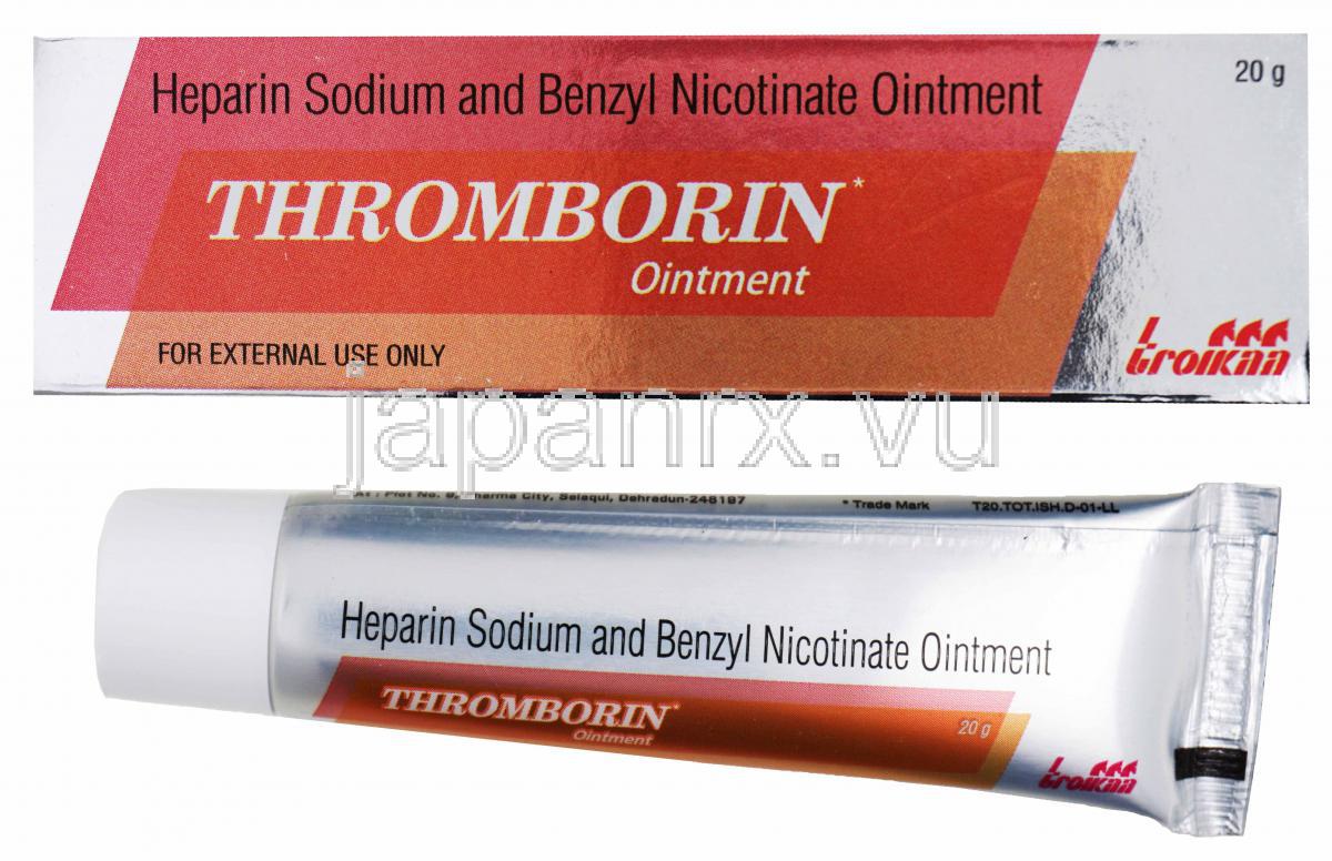 Heparin Gel/ Ointment, Thromborn ointment, Heparin Sodium and Benzyl Nicotinate Ointment, 20g, box and tube front presentation