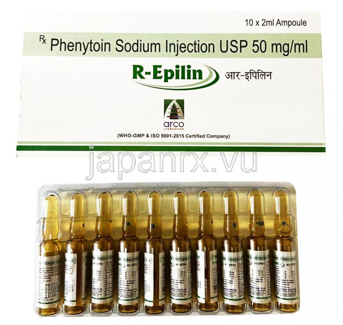 R-Epilin Injection, Phenytoin 50mg/ml, Arco lifesciences (india) pvt. ltd, ampoule and box presentation
