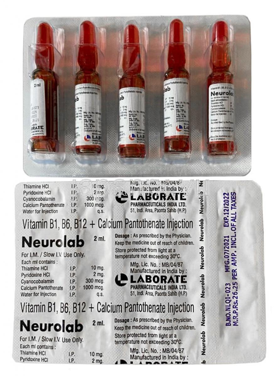 ニューロラボ 注射, チアミン 10mg / ピリドキシン 2mg /  シアノコバラミン 300mcg / カルシウム 1000mcg,注射バイアル, 2ml, 製造元：Laborate Pharmaceuticals India Ltd, 商品情報