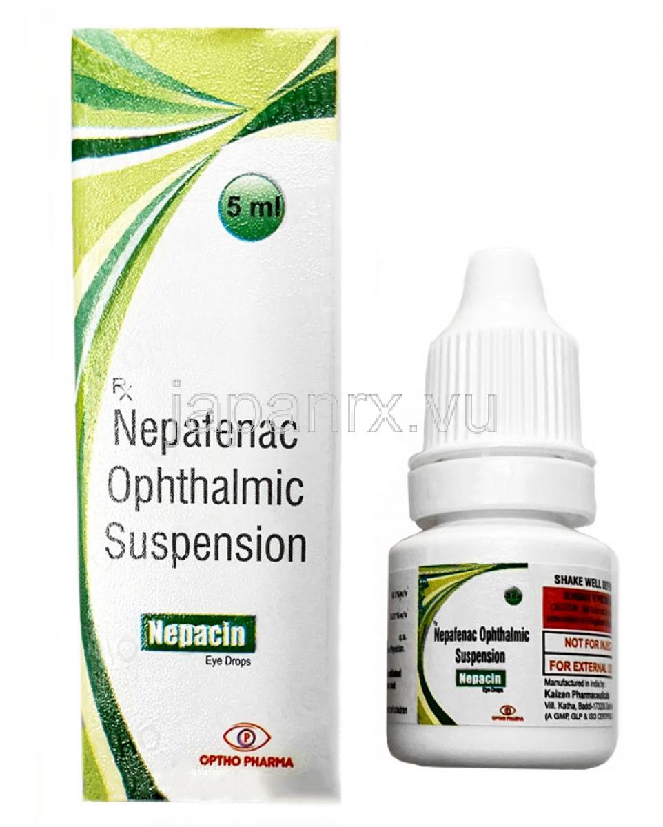 ネパシン点眼薬 , Nepafenac,0.1 ％ w/v, 5ml, 製造元：Optho Pharma Pvt Ltd,箱, ボトル表面