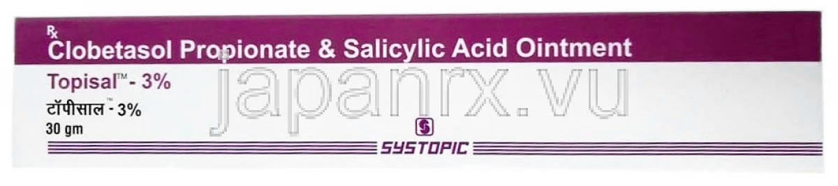 トプサル軟膏,  クロベタゾール 0.05% w/w/ サリチル酸 3% w/w, 30g,  製造元：Systopic Laboratories Pvt Ltd, 箱表面