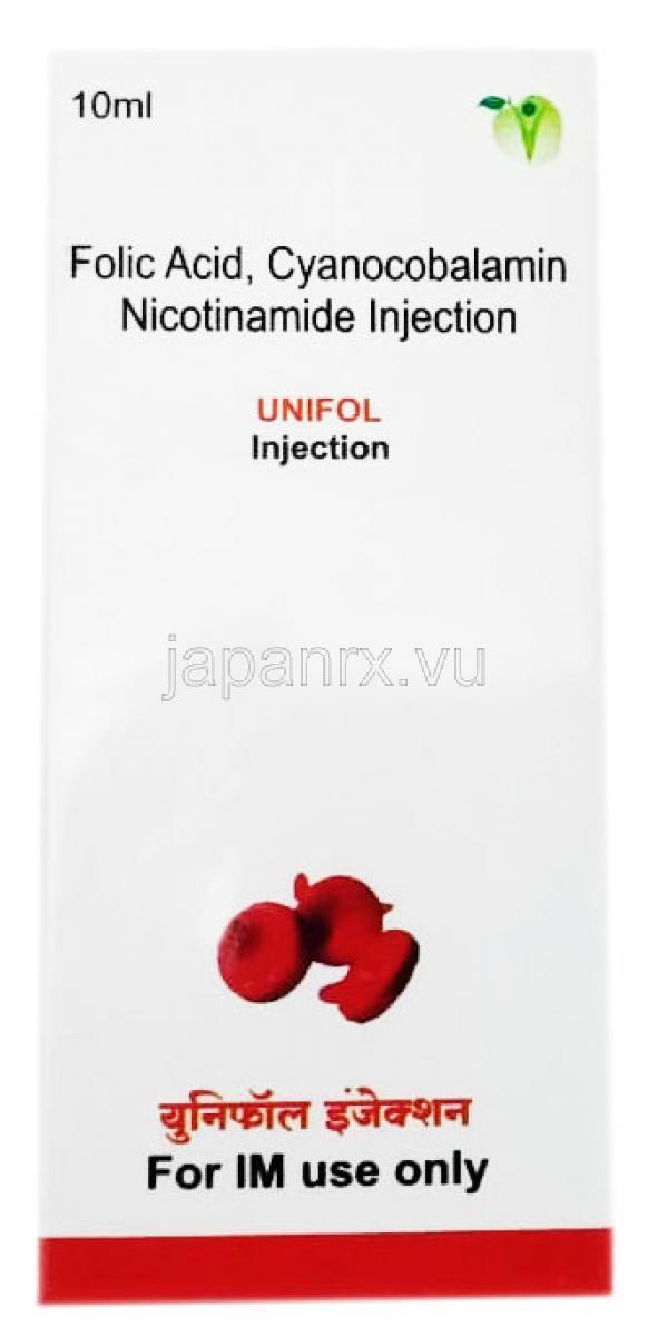 ユニフォル 注射, 葉酸 15 mcg/ シアノコバラミン 500 mcg, 注射バイアル 10ml, 製造元： Sanofi India, 箱表面