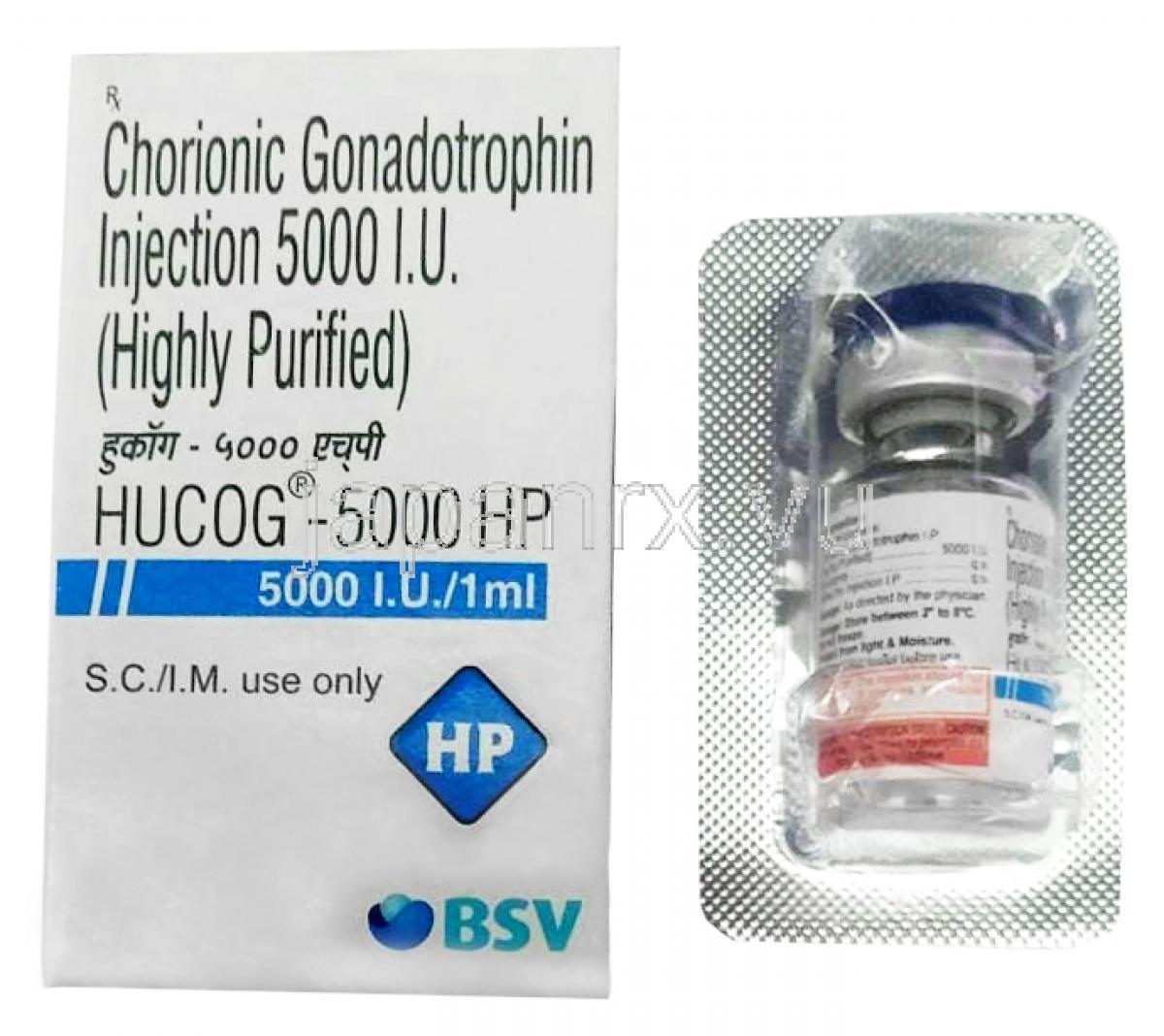 ヒューコッグ HP 注射,ヒト絨毛性ゴナドトロピン,  5000IU,注射バイアル 1mL, 製造元：Bharat Serums ＆ Vaccines Ltd,箱表面, ボトル