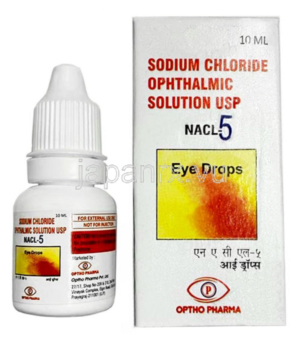 NACL 5 点眼薬, 塩化ナトリウム, 5% w/v, 点眼薬 10mL, 製造元：Optho Pharma Pvt Ltd, 箱, ボトル