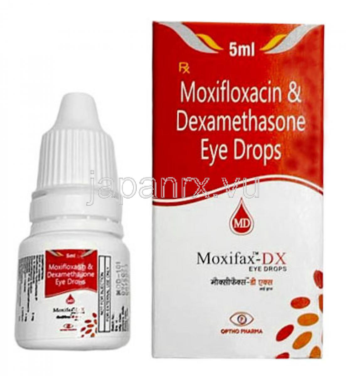 モキシファックス DX 点眼薬,モキシフロキサシン 5mg/ デキサメタゾン 1mg, 点眼薬 5mL, 製造元：Optho Pharma Pvt Ltd, 箱, ボトル