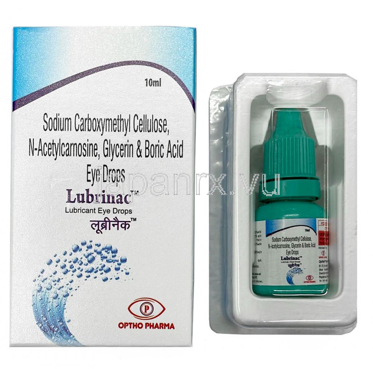 ルブリナック点眼薬, カルボキシメチルセルロース 3mg/mL / グリセリン 10mg/mL / N-アセチルカルノシン 10mg/mL, 点眼薬 10mL, 製造元：Optho Pharma Pvt Ltd, 箱, ボトル