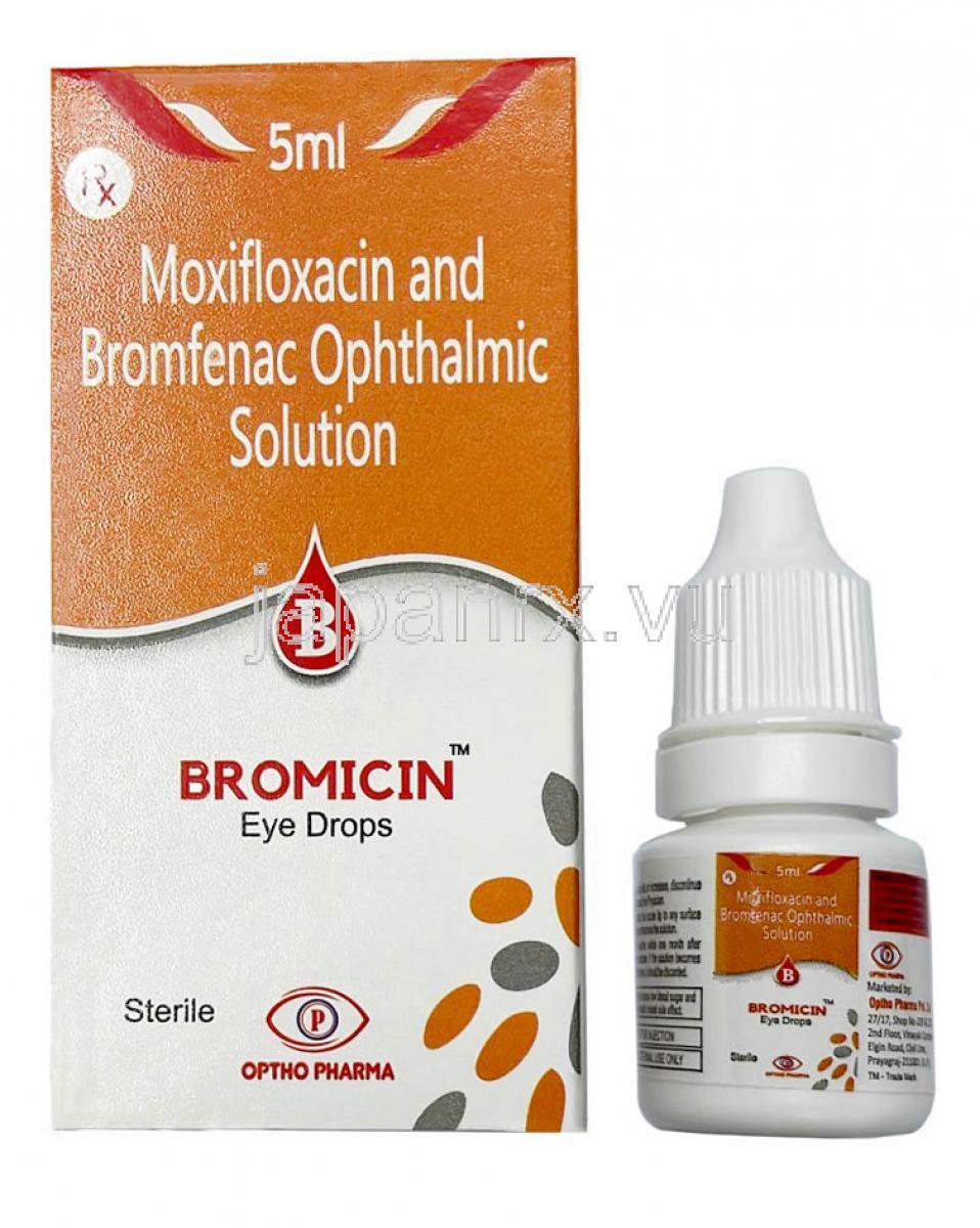 ブロミシン 点眼薬, ブロムフェナク 0.09% w/v/ モキシフロキサシン 0.5% w/v, 点眼薬 5mL, 製造元：Optho Pharma Pvt Ltd,箱, ボトル