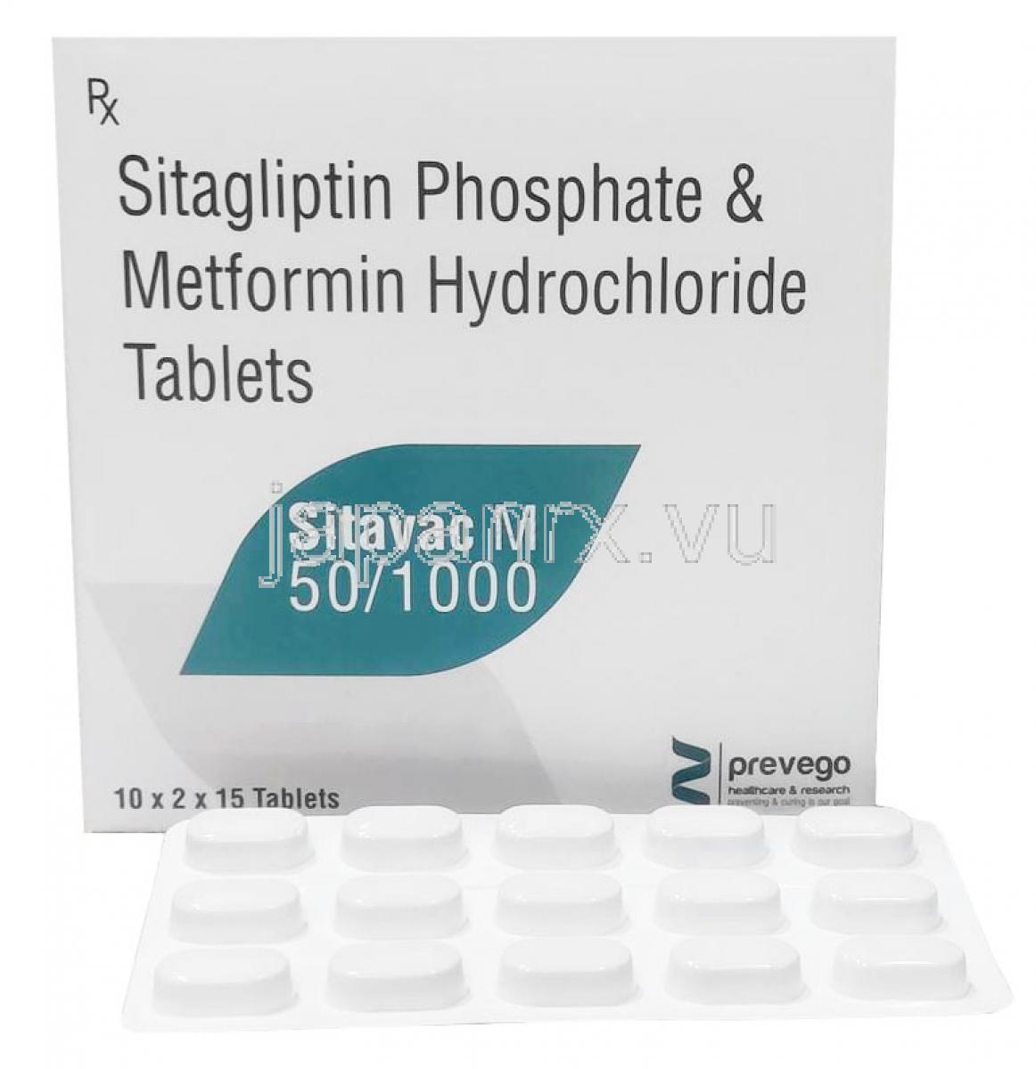 シタバック M, シタグリプチン 50 mg/ メトホルミン 1000 mg 15 錠,製造元： Prevego Healthcare, 箱, シート