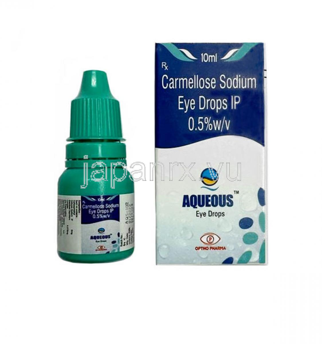 アクエアス点眼薬 ,カルボキシメチルセルロース 0.5% w/v, 点眼薬 10mL, 製造元：Optho Pharma Pvt Ltd, 箱, ボトル