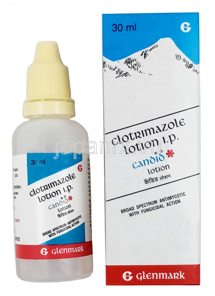 カンディッド ローション, クロトリマゾール 1% w/v, ローション 30mL, 製造元：Glenmark Pharmaceuticals, 箱表面, ボトル