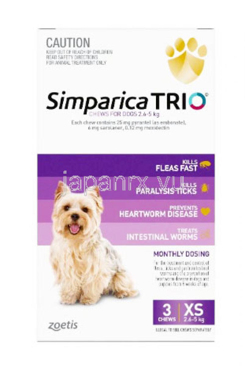 シンパリカ トリオ 犬用, , ピランテル 25mg/ サロラネル 6mg/ モキシデクチン 0.12mg 超小型犬用 (2.6 - 5kg)  3 チュアブル錠, 製造元：Zoetis,箱表面