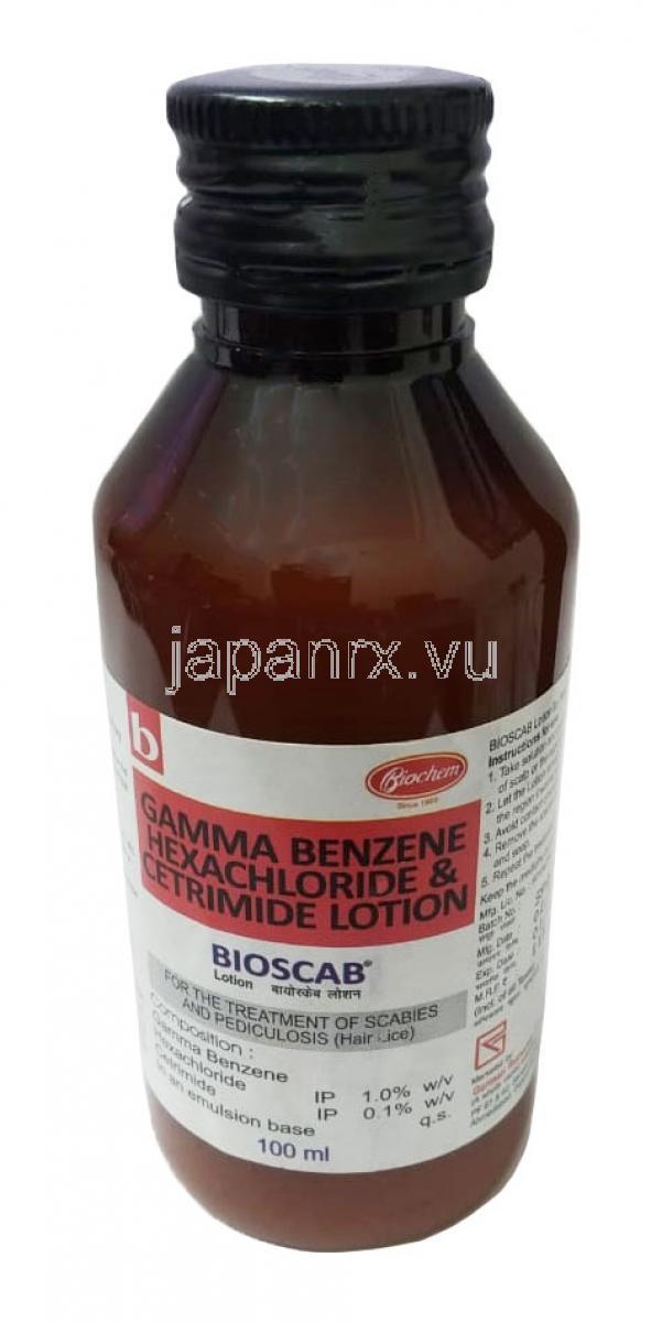 バイオスキャブ ローション, ガンマベンゼンヘキサクロリド 1％w/v, セトリミド 0.1％w/v,ローション 100mL,製造元： Biochem Pharmaceutical Industries, ボトル表面