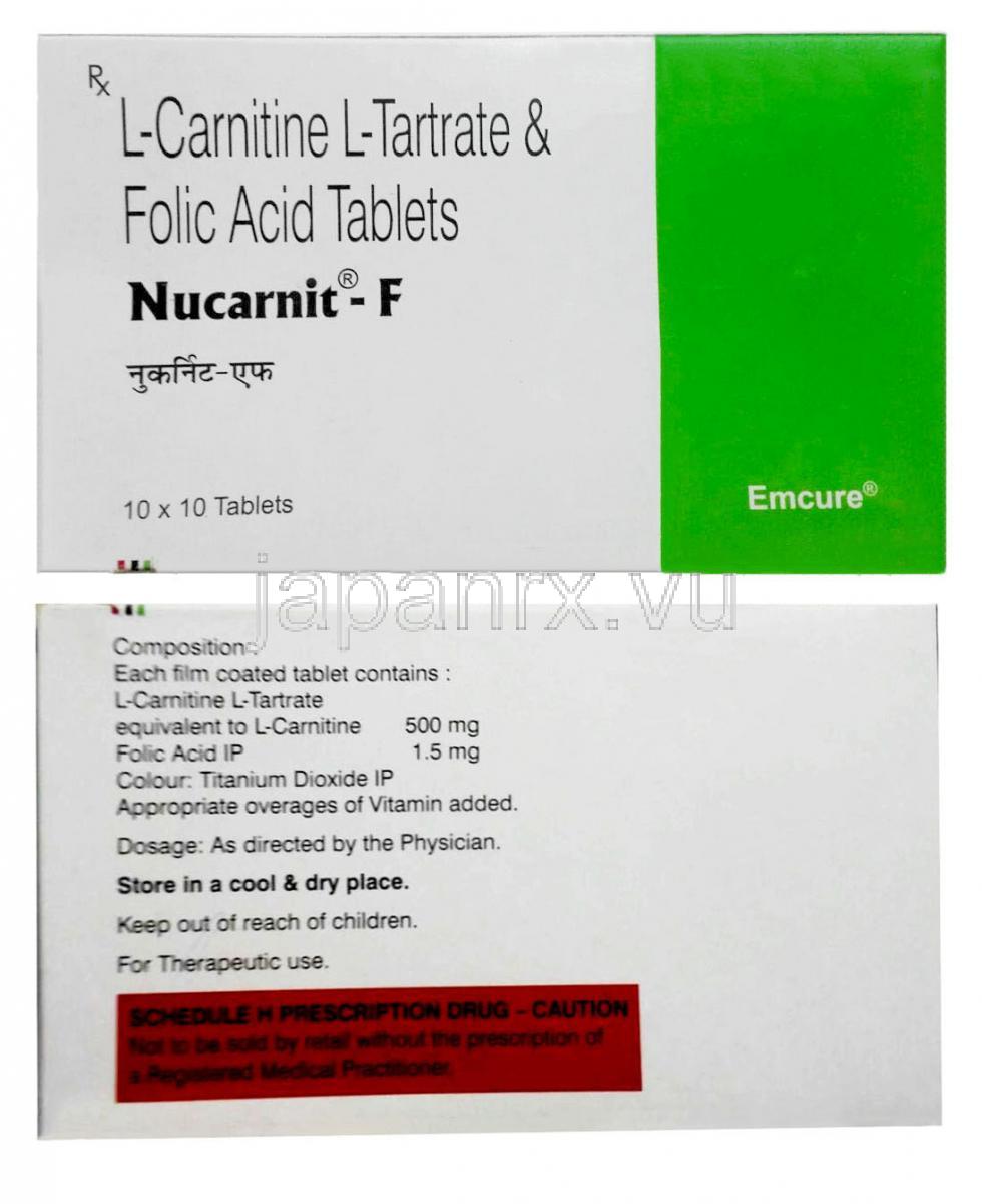 ヌカルニット F,葉酸 1.5 mg/ レボカルニチン 500 mg, 製造元：Emcure Pharmaceuticals, 箱表面, 箱裏面