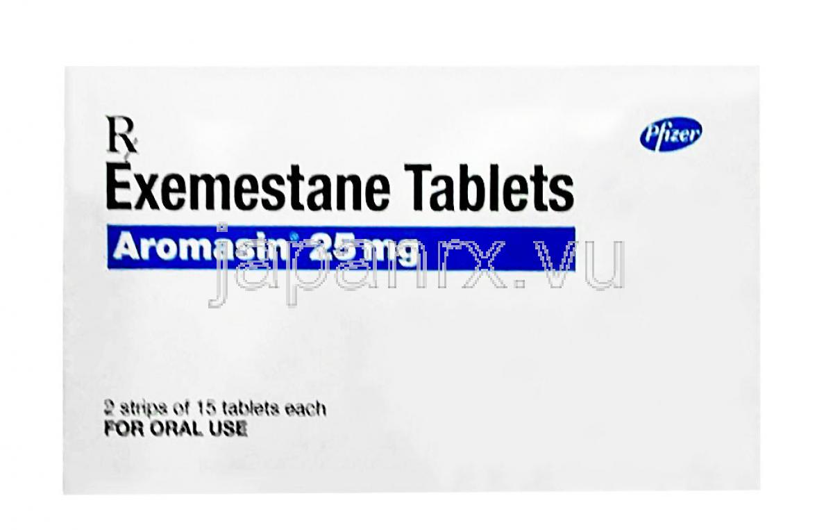 アロマシン糖衣錠,  エキセメスタン 25 mg, 製造元：Pfizer, 箱表面