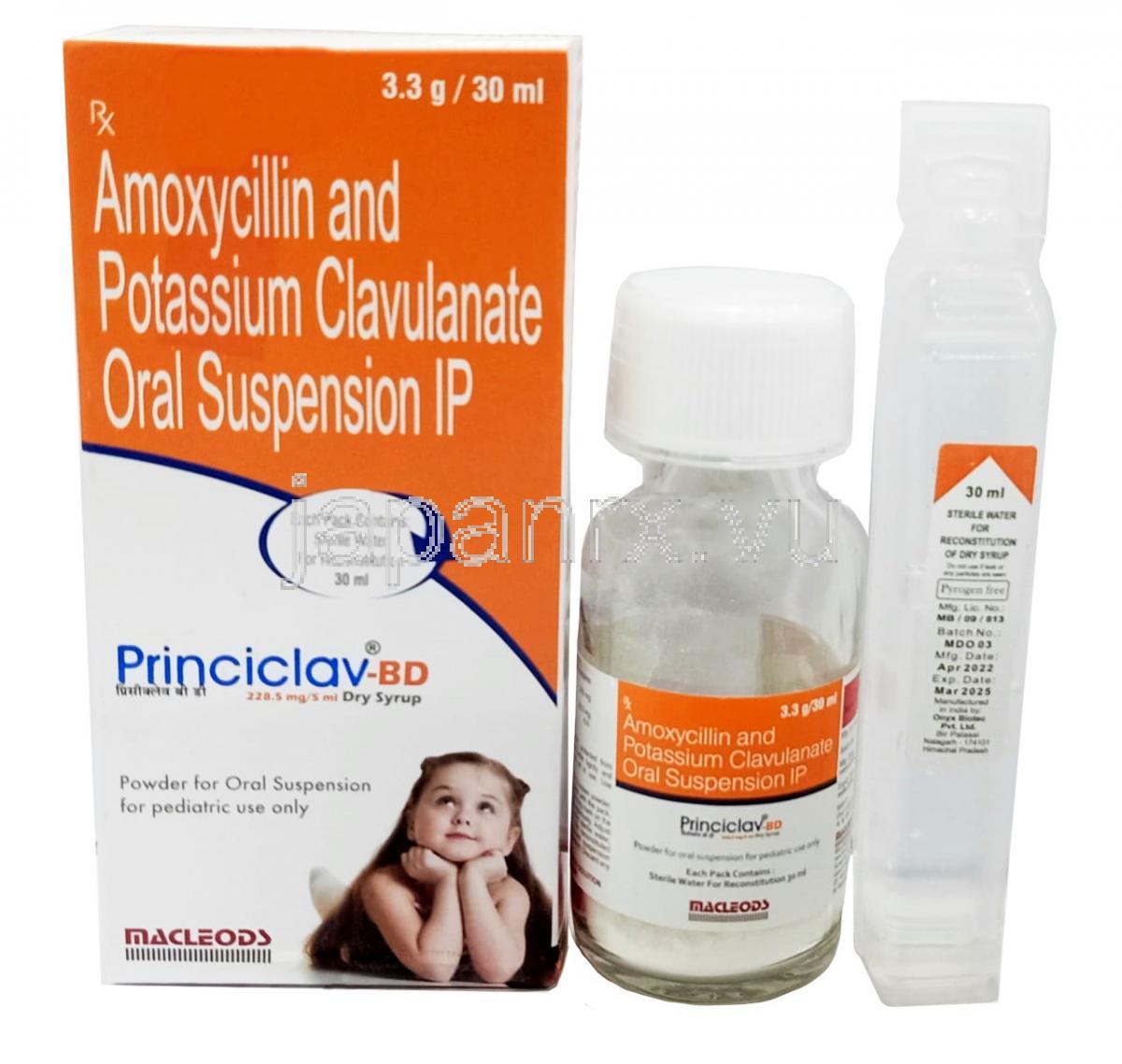 プリンシクラフ BD ドライシロップ,アモキシシリン 200mg/ クラブラン酸 28.5mg, ドライシロップ 30mL, 製造元：Macleods Pharmaceuticals Pvt Ltd, 箱,ボトル, スポイト