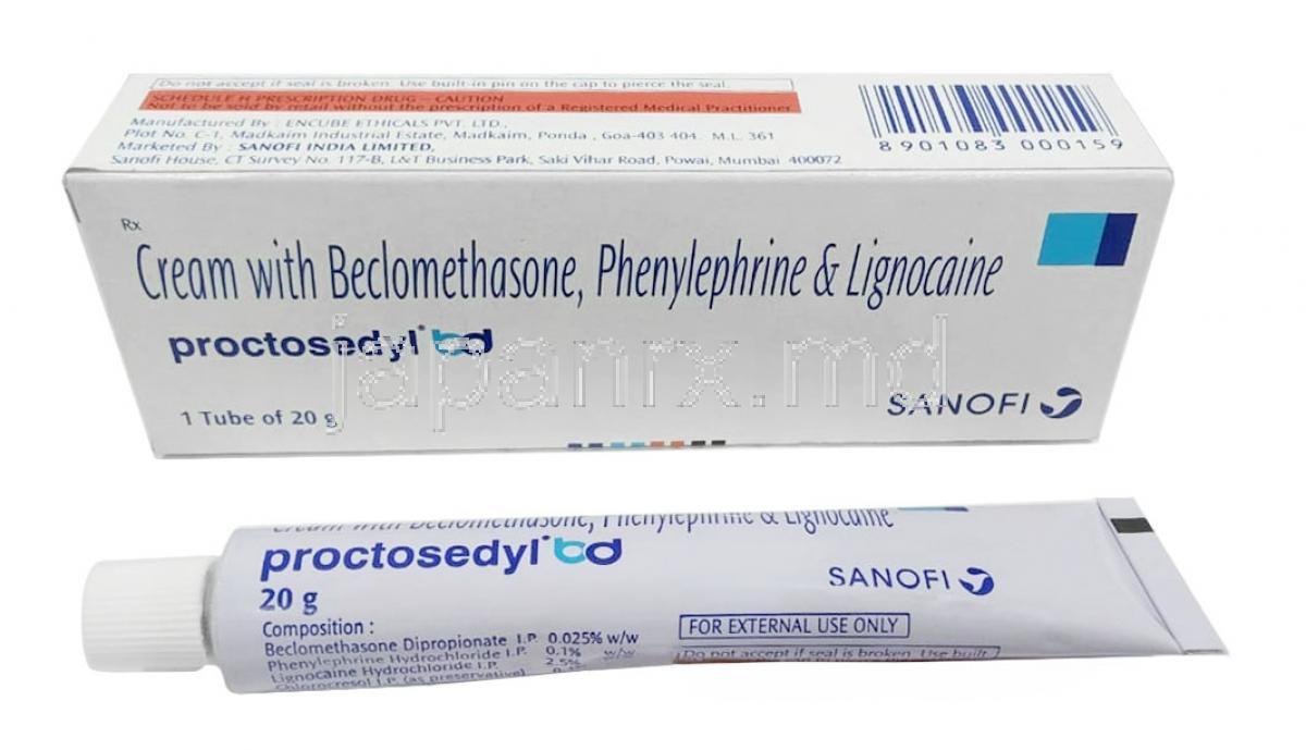プロクトセディル BD クリーム, フェニレフリン 0.10%/ ベクロメタゾン 0.025%/ リドカイン 2.50% クリーム 20g, 製造元：Sanofi India, 箱 チューブ
