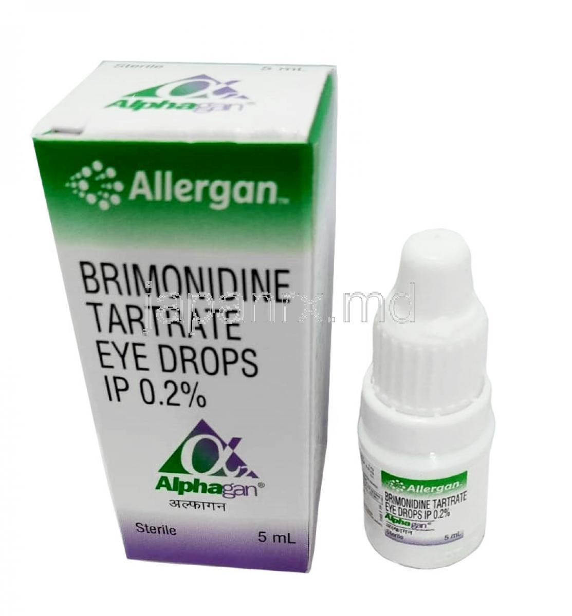 アルファガン点眼薬, ブリモニジン 0.2% w/v, 点眼薬 5mL,製造元： Allergan India Pvt Ltd, 箱,ボトル