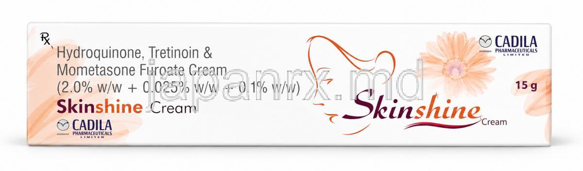 スキンシャイン クリーム, ヒドロキノン 2%/ モメタゾン 0.1%/ トレチノイン 0.025% ,クリーム 15g,  製造元：Cadila Pharmaceuticals,箱表面