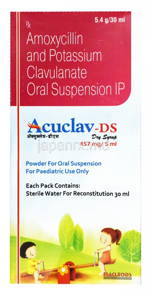 アキュクラフ DS シロップ,アモキシシリン 400mg/5ml/  クラブラン酸 57mg/5ml, 製造元： Macleods Pharmaceuticals, 箱表面