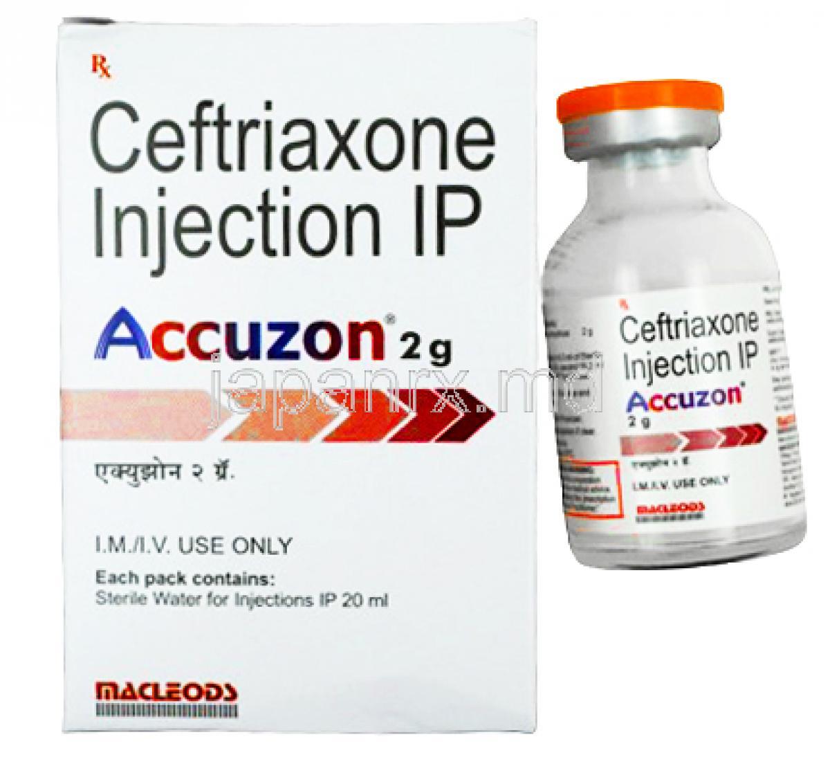 Accuzon Injection, Ceftriaxone 2g, Macleods Pharmaceuticals Pvt Ltd, box and vial front presentation