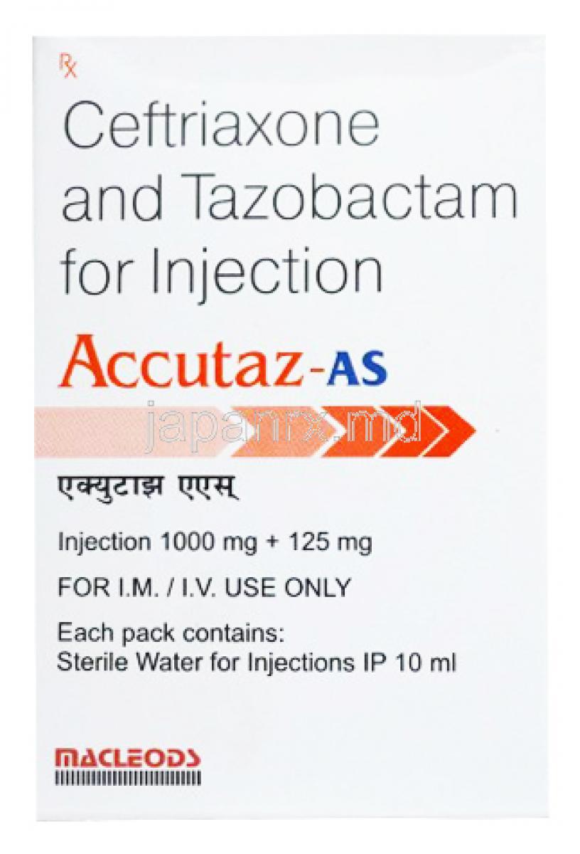 Accutaz AS Injection, Ceftriaxone 1000 mg / Tazobactum 125 mg, Macleods Pharmaceuticals Pvt Ltd , box front presentation