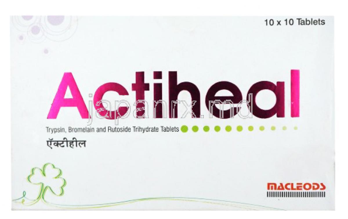 アクティヒール,ブロメライン 90 mg/トリプシン 48 mg/ルトシド 100 mg, 製造元：Macleods Pharmaceuticals Pvt Ltd, 箱表面