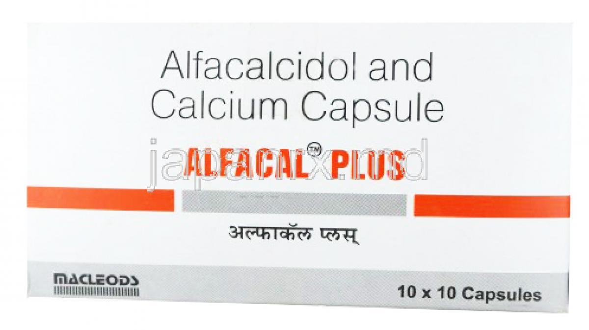 アルファカルプラス , アルファカルシドール 0.25mcg/ カルシウム 200mg, カプセル, 製造元：Macleods Pharmaceuticals Pvt Ltd, 箱表面