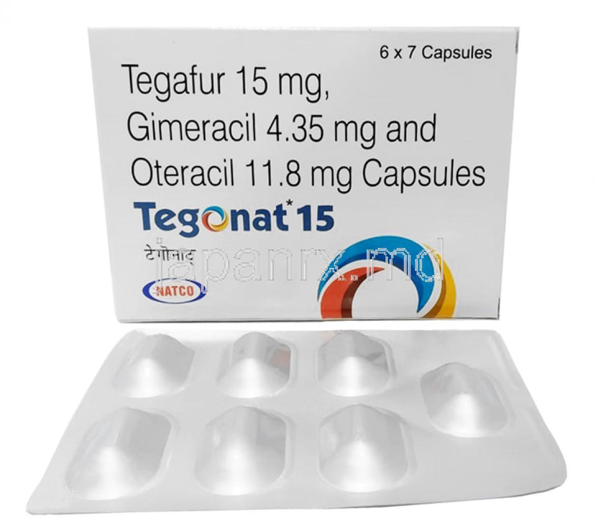 テゴナット,テガフール 15mg/ ギメラシル 4.35mg/ オテラシル 11.8mg, 7カプセル,製造元： Natco Pharma, 箱, シート