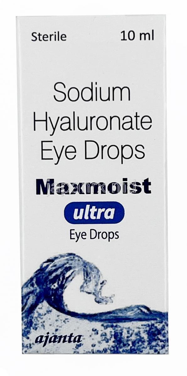 マックスモイストウルトラ 点眼薬, ヒアルロン酸ナトリウム 0.3% w/v, 点眼薬 10mL, 製造元：Ajanta Pharma Limited, 箱表面