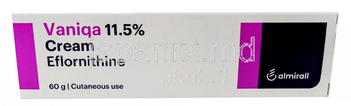 ヴァニカ クリーム,  エフロルニチン 11.5%, クリーム 60g,製造元：Almirall Ltd, 箱表面