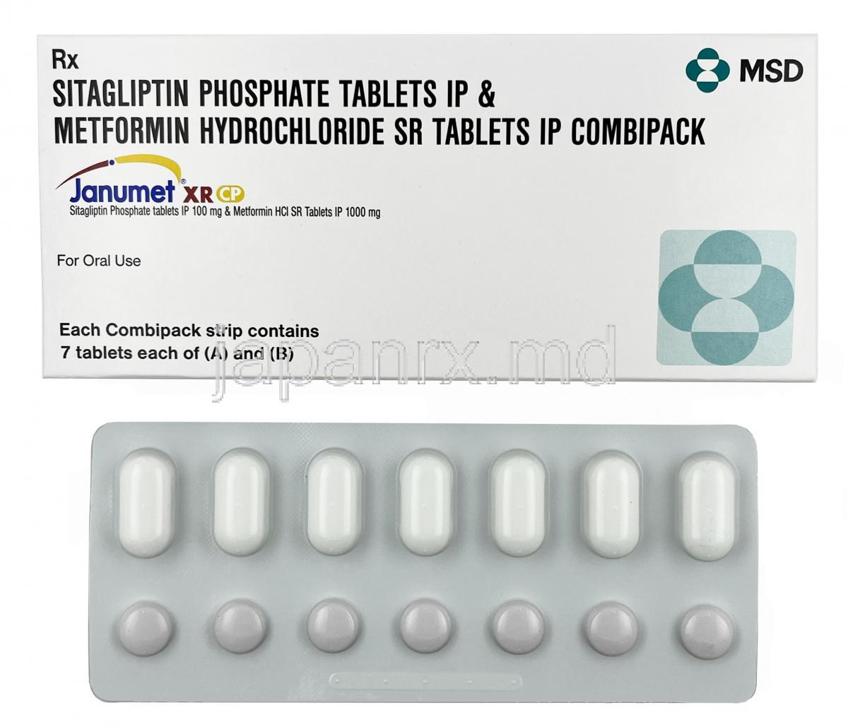 ジャヌメット XR CP,  シタグリプチン 100 mg x 7 錠, メトホルミン 1000 mg  x 7 錠 (コンビパック), 製造元：MSD, 箱, シート