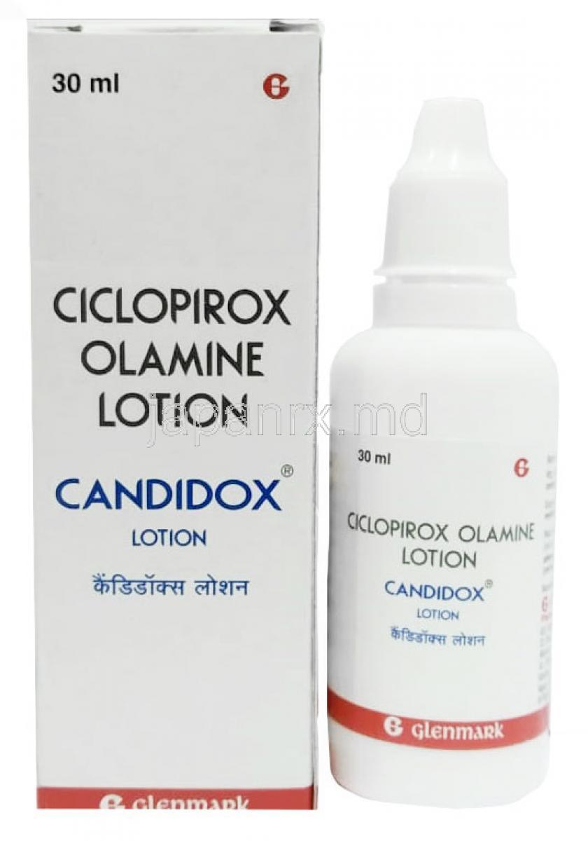 キャンディドックス ローション, シクロピロックス 1%ww, ローション 30 mL, 製造元：Glenmark Pharmaceuticals, 箱, ボトル