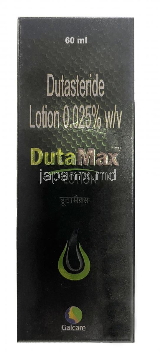 デュタマックス ローション, デュタステリド 0.025%, ローション 60mL,製造元：Galcare Pharmaceutical Pvt Ltd, 箱表面