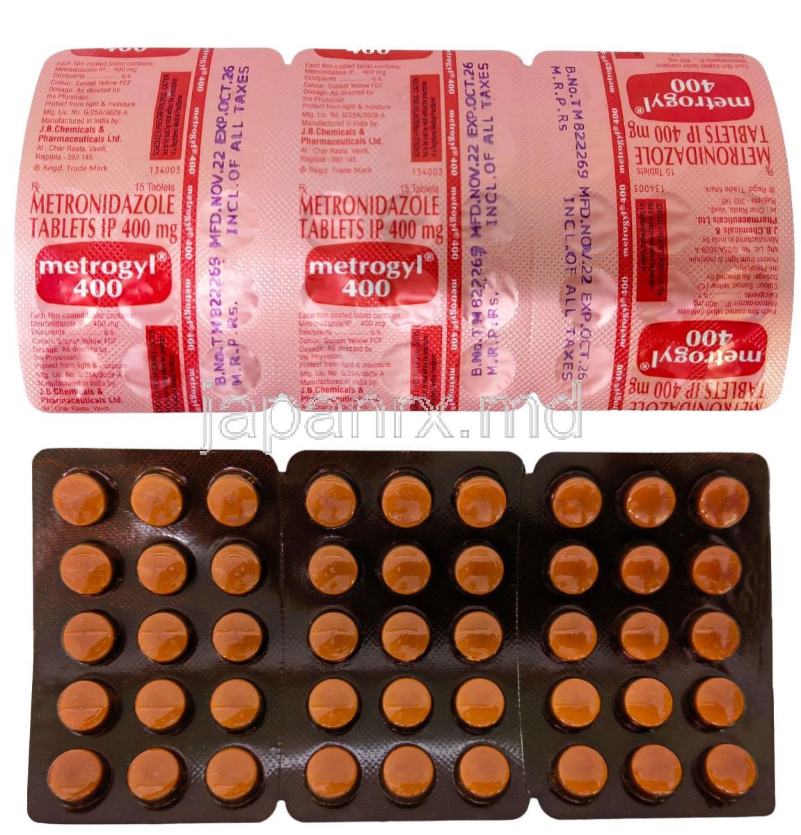 メトロジル, メトロニダゾール 400 mg, 90錠,製造元：J B Chemicals and Pharmaceuticals, シート表面, シート裏面