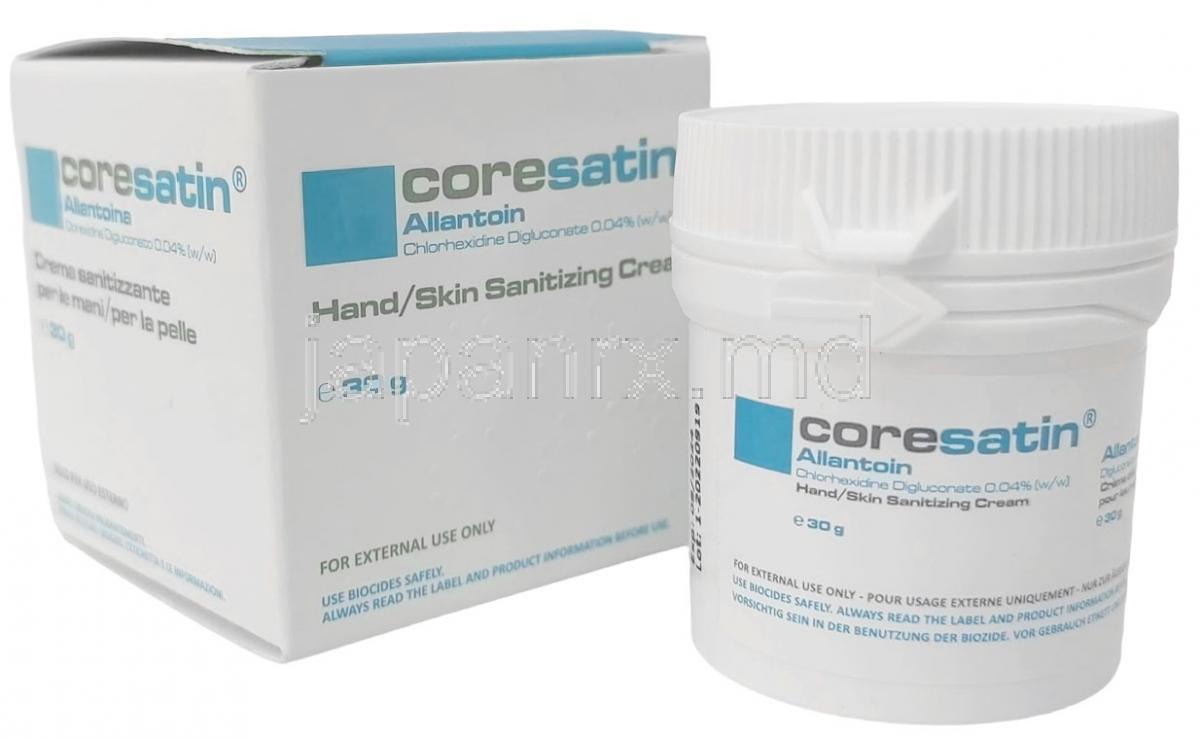 コアサチン ハンド/スキンサニタイジングクリーム,  アラントイン 0.04%w/w,クリーム 30g, 製造元：Corena Pharmaceuticals, 箱, 容器