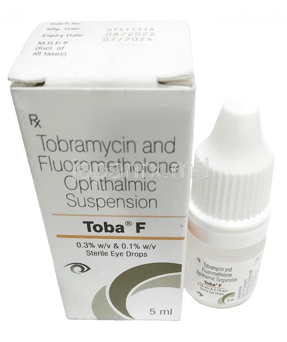 トバ F 点眼/点耳薬, トブラマイシン 0.3% w/v/ フルオロメトロン 0.1% w/v,点眼/点耳薬 5mL,製造元：Sun Pharmaceutical Industries, 箱, ボトル