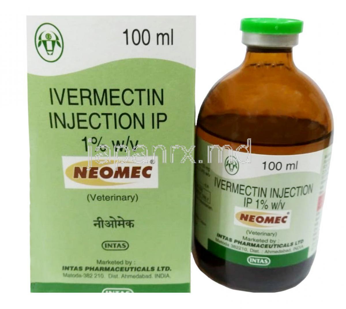 ネオメック 注射, イベルメクチン 1%, 注射バイアル 100mL, 製造元： Intas Pharmaceuticals Ltd,箱, バイアル