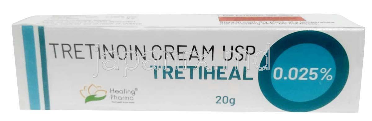 トレチヒール クリーム, トレチノイン 0.025%, クリーム 20g, 製造元：Healing Pharma India Pvt Ltd, 箱表面