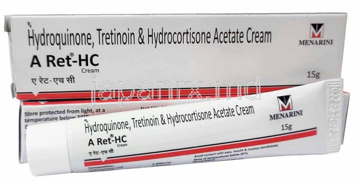 A レット HCクリーム, ヒドロキノン 2% w/w / トレチノイン 0.05% w/w/ ヒドロコルチゾン 1% w/w, クリーム 15g, 製造元： Menarini India, 箱, チューブ