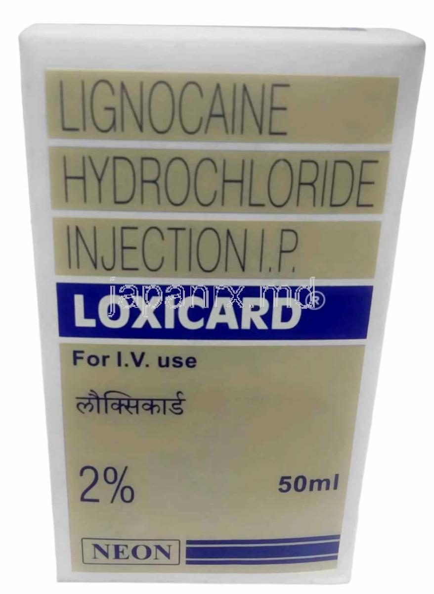 ロキシカード 点滴, リドカイン 2%, 点滴 50 mL,製造元： Neon Laboratories Ltd, 箱表面