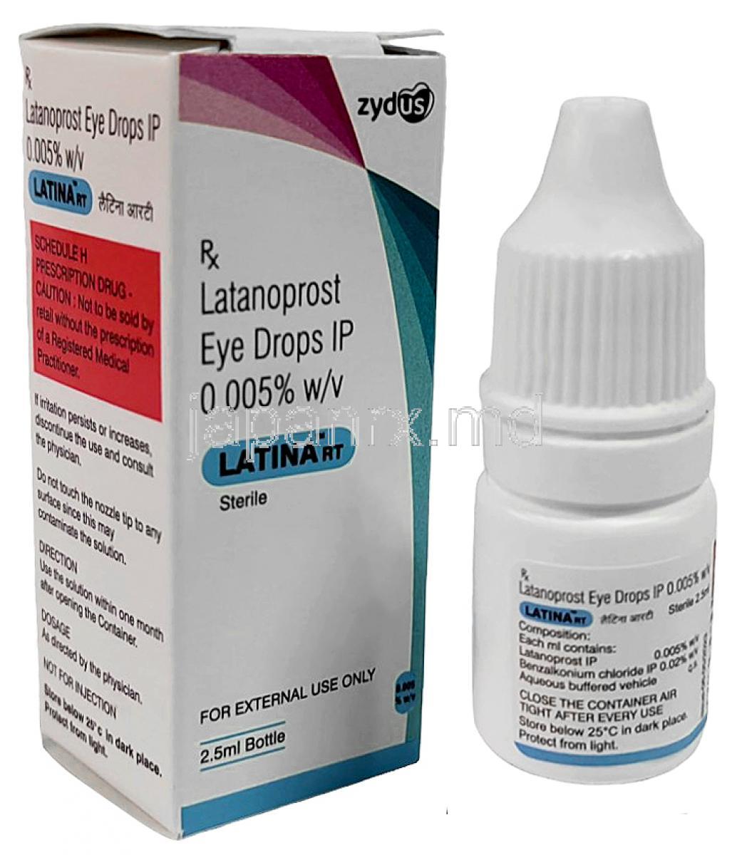ラティーナ RT 点眼薬, ラタノプロスト  0.005% w/v, 点眼薬 2.5mL, 製造元：Zydus Cadila,箱, ボトル