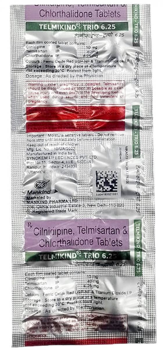 テルミカインド トリオ, テルミサルタン 40mg/ シルニジピン 10mg/ クロルタリドン 6.25mg, 10錠, 製造元：Mankind Pharma, シート情報, 成分