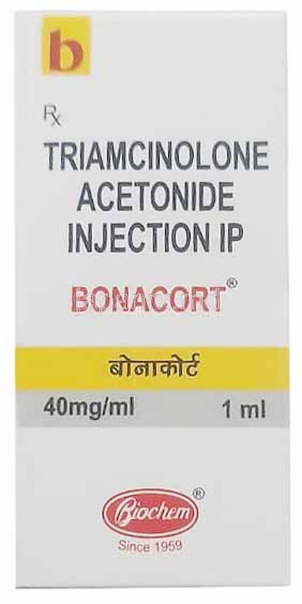 ボナコート注射, トリアムシノロン 40 mg/1mLあたり, 注射バイアル 1 mL, 製造元：Biochem Pharmaceutical Industries, 箱表面