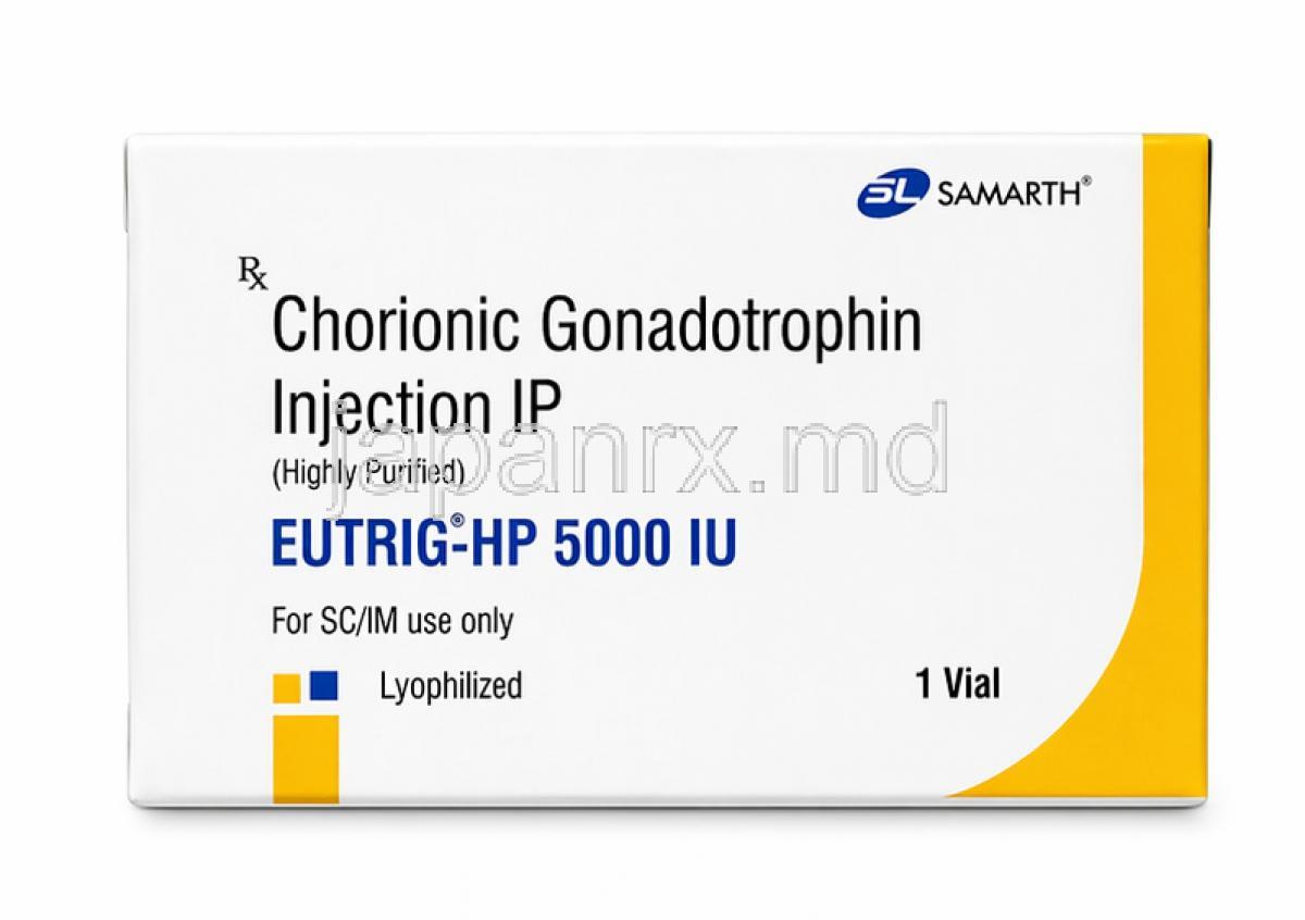 ユートリグHP注射, ヒト絨毛性ゴナドトロピン (hCG) 5000 IU, バイアル, 製造元：Samarth Life Sciences Pvt Ltd, 箱表面
