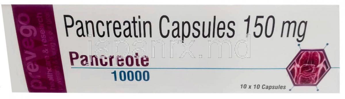 パンクレオテ, パンクレアチン 150 mg (10000),カプセル, 製造元：Prevego Healthcare & Research Private Limited,箱表面